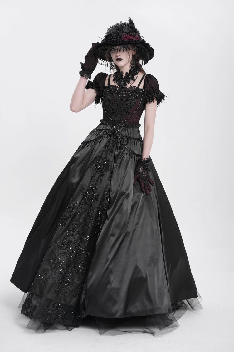 Robe gothique pour femme en dentelle avec cardigan jacquard à manches courtes et épaules dénudées noire 