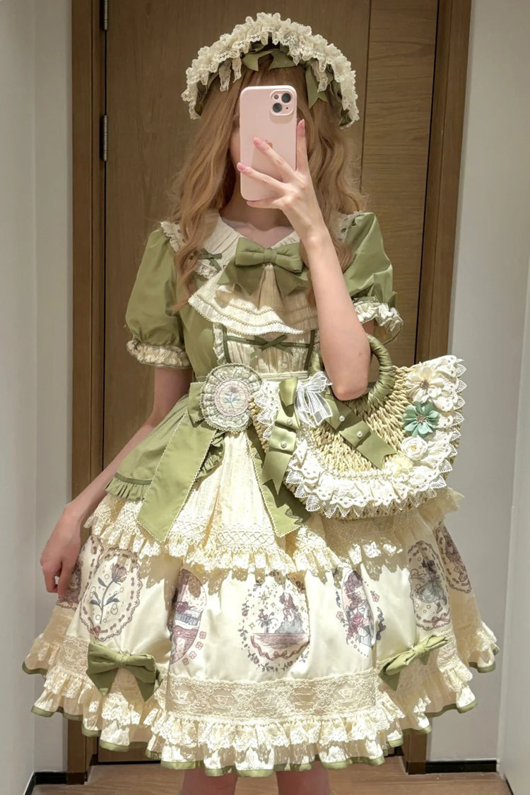 Green [Little Ida's Flowers] Short Sleeves Print Ruffle Bowknot Sweet Lolita Dress