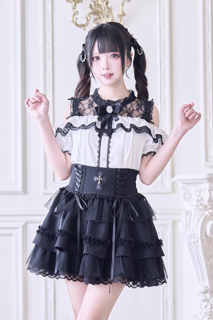 Sweet Off Shoulder Short Sleeves Hollow Bowknot Jirai Kei Japanese Blouse