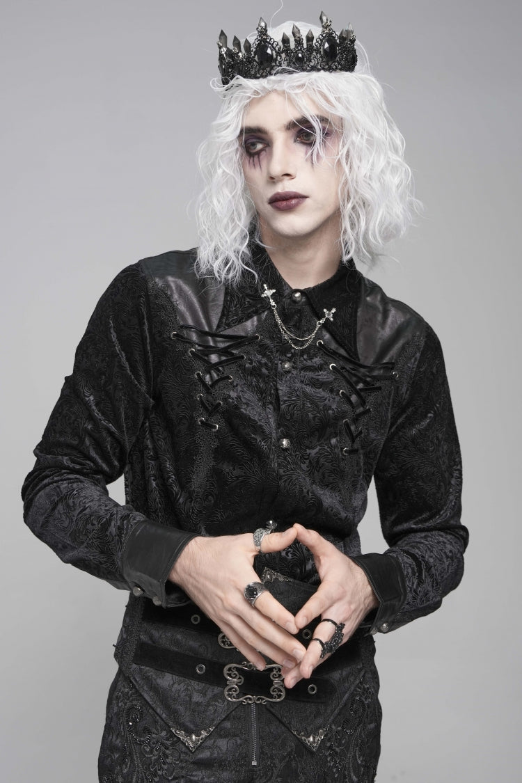 Black Lapel Collar Long Sleeves Print Embroidery Lace-Up Men's Gothic Blouse