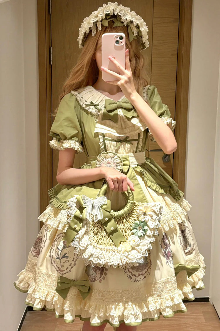 Green [Little Ida's Flowers] Short Sleeves Print Ruffle Bowknot Sweet Lolita Dress