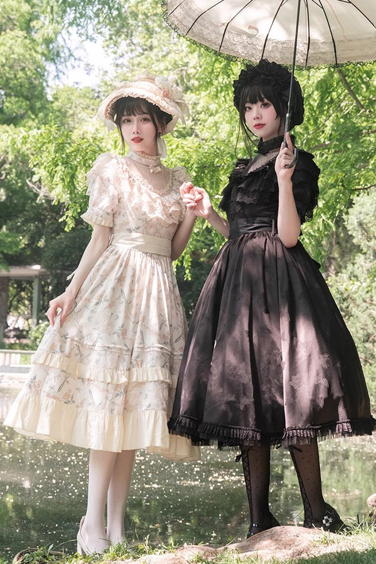 Black Daisy Print Cherry Embroidery Edwardian Collar Short Sleeves Gothic Lolita Dress