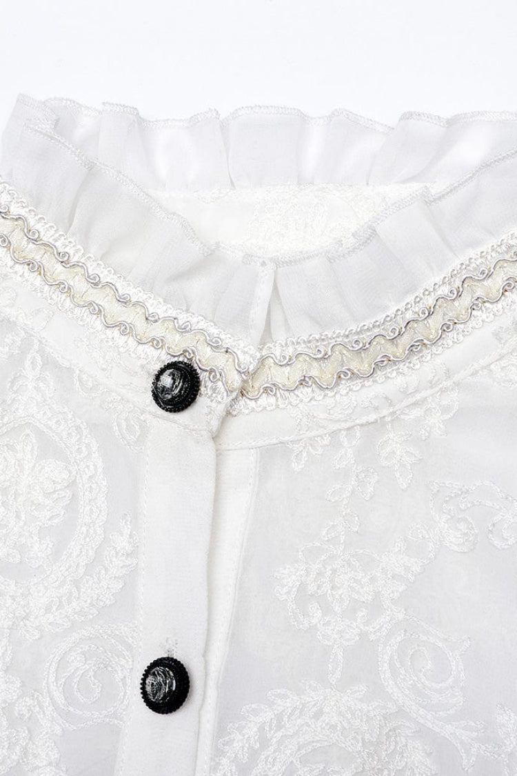 Stand Collar Long Puff Sleeves Embroidery Womens Gothic Blouse 2 Colors