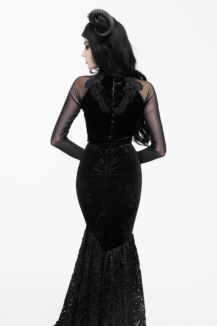 Black High Collar Front Chest Rose Decals Mesh Long Sleeve Rose Embossed Velvet Women's Gothic T-Shirt
