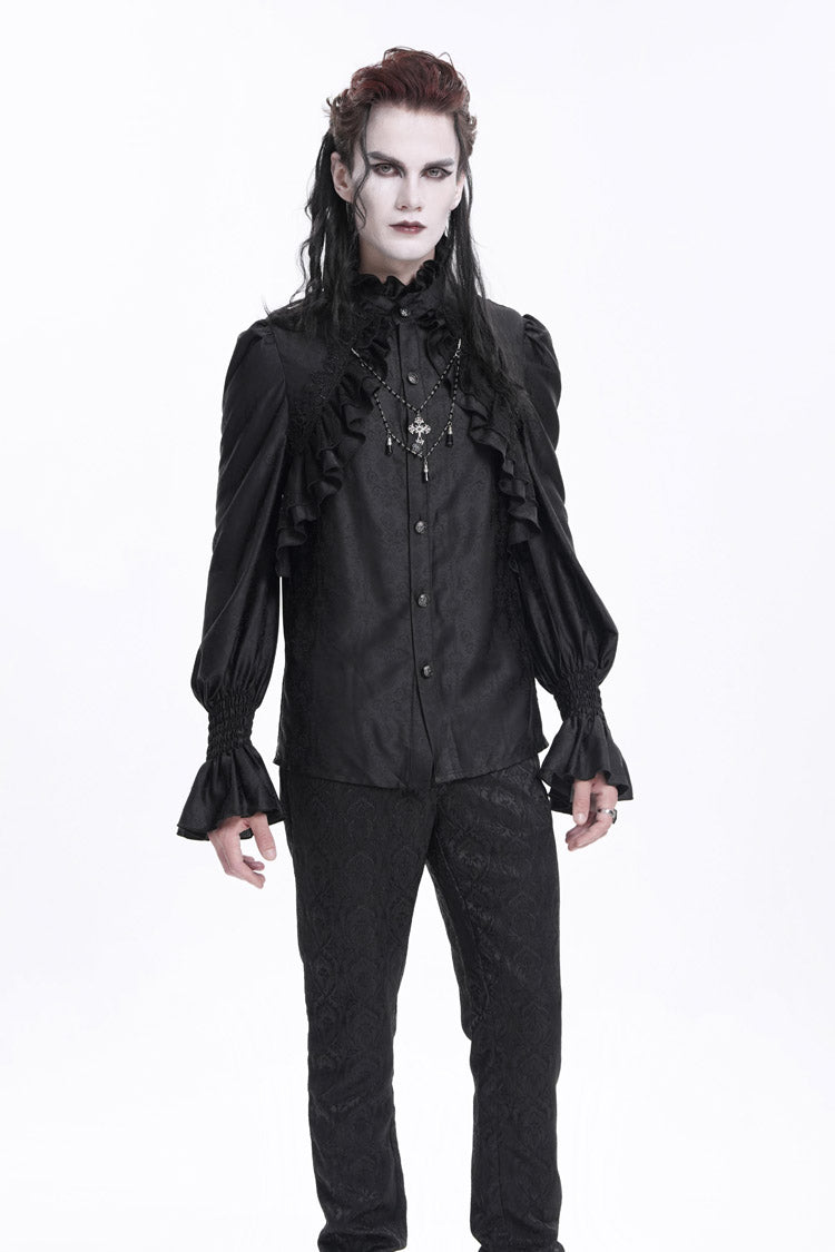 Black Stand Collar Long Sleeves Ruffle Lace Cross Men's Gothic Blouse