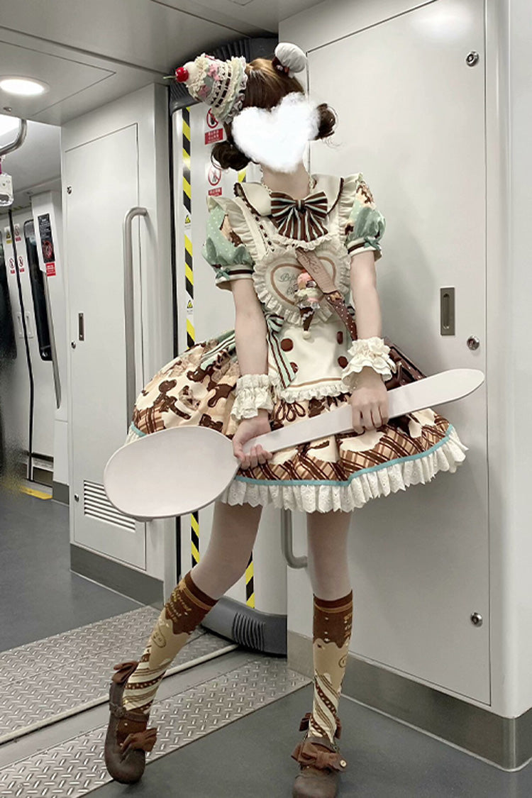 Brown [Peppermint Chocolate] Chocolate Cake Bear Print Ruffle Bowknot Lace-Up Sweet Lolita Dress