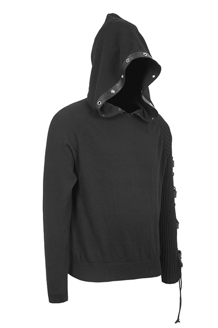 Black Asymmetrical Sleeves Leather Loop Lace-Up Hooded Men's Punk Sweater