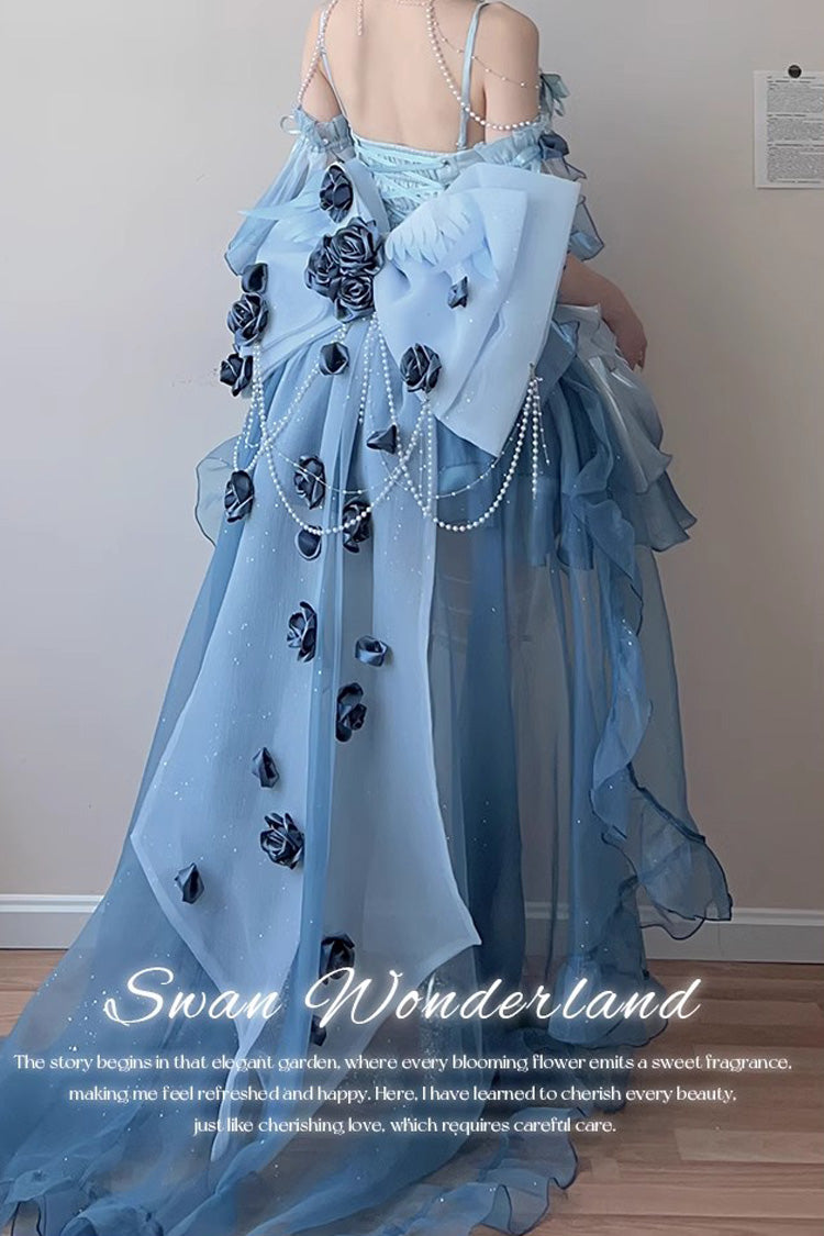 Sky Blue [Swan Wonderland] Embroidery Bowknot Lace-Up Sweet Ballet Lolita Jsk Dress Short Version