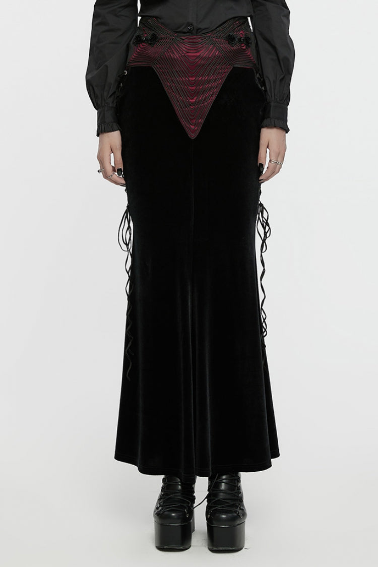 Black/Red Ruffle Rose Embroidery Lace-Up Women's Gothic Fishtailed Skirt
