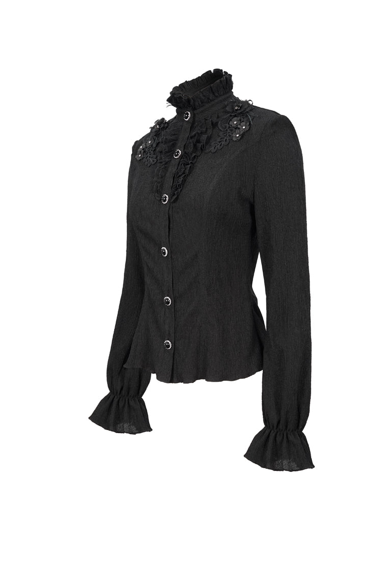 Black Lace High Neck Three Dimensional Embroidered Lantern Trumpet Sleeves Women's Gothic Shirt