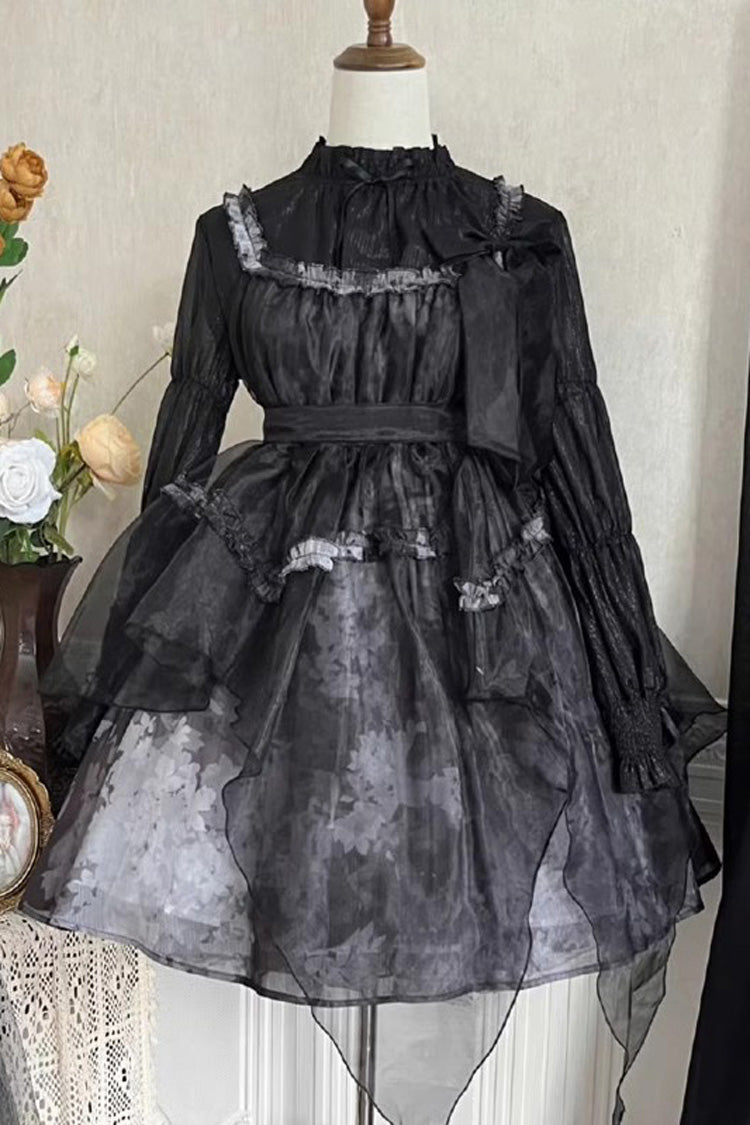 Black Stand Collar High Waisted Dead Leaves Print Tulle Gothic Princess Lolita Jsk Dress