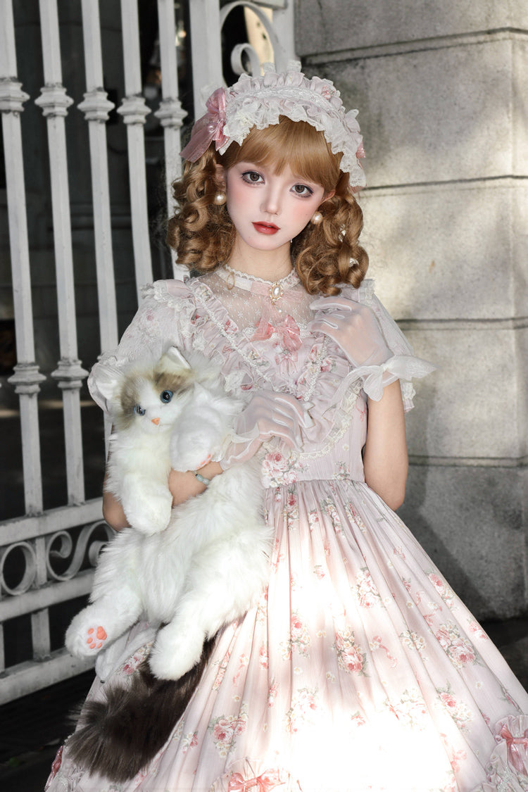 [Daydream Rose] Kurzärmliges Kleid mit Blumen-Jacquard-Print, Rüschenstickerei, Schleifenknoten, Sweet Lolita, in 3 Farben 