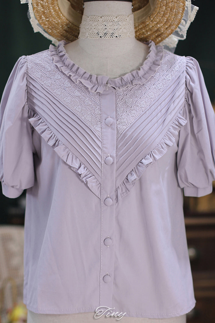 Elegant Short Sleeves Lace Round Neck Waves Dream Sweet Lolita Blouse 4 Colors