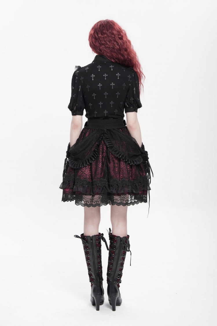 Black/Red Multi-Layered Ruffle Buckle Straps Women's Gothic Skirt