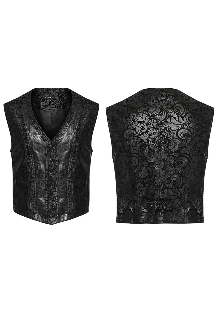 Black V Collar Sleeveless Exquisitely Carved Floral Print Faux Leather Mens Gothic Vest