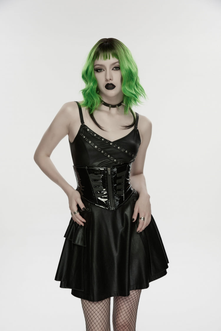 Corset sous le buste punk noir à lacets et fermeture éclair pour femmes