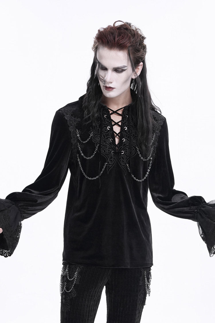 Black V Collar Long Sleeves Lace-Up Chain Men's Gothic Blouse