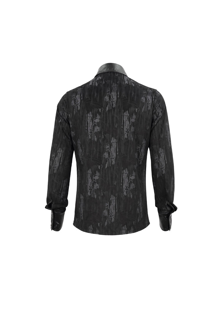 Black Ribbed Metal Chain Hand-Painted Velveteen Paneled Leather Men's Punk Shirt