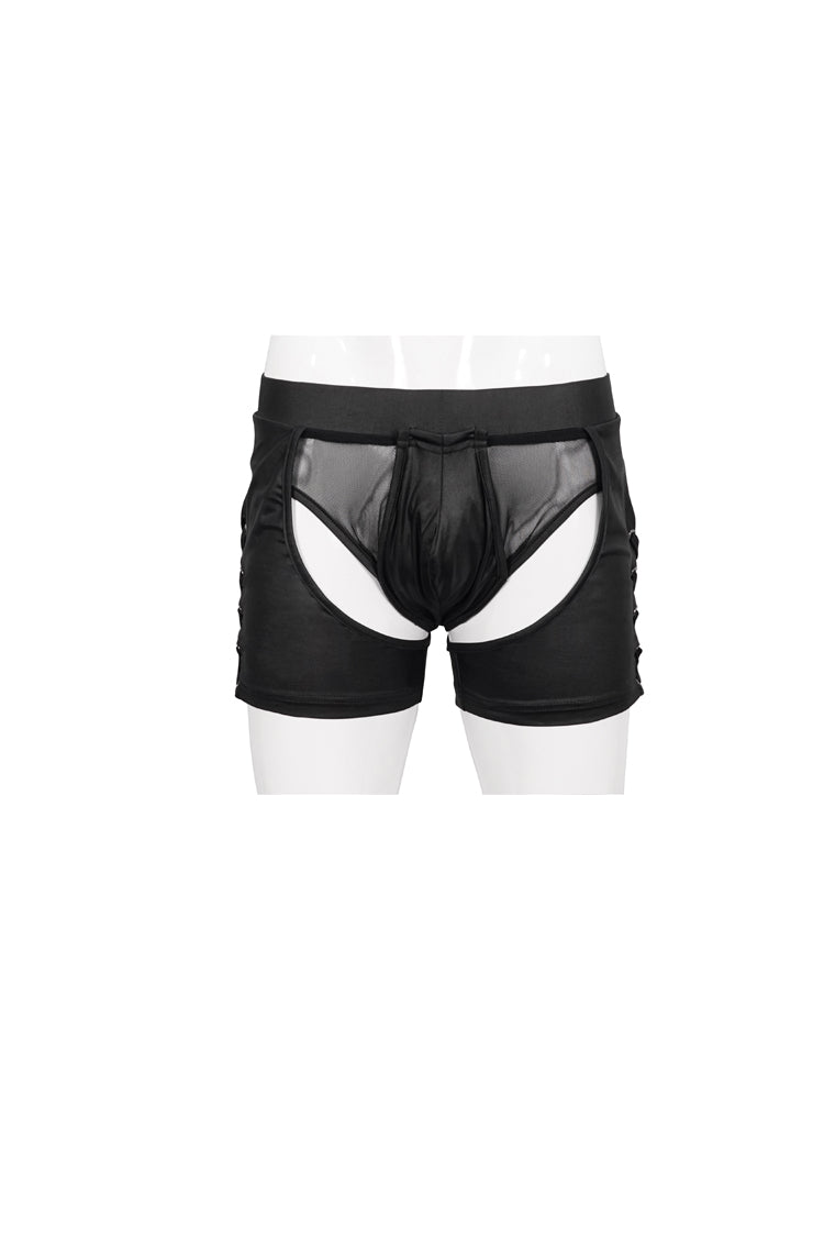 Black Knit Lace Up Perspective Sexy Slim Men's Punk Shorts