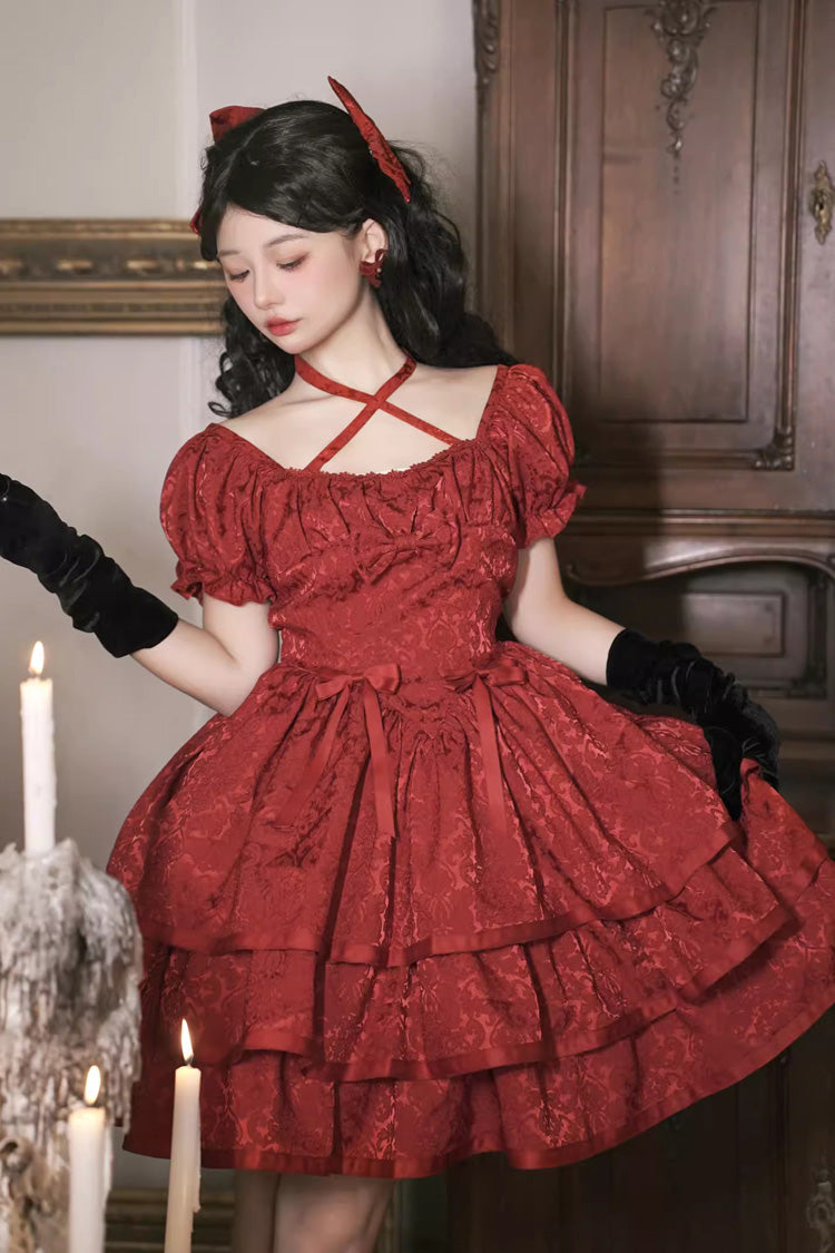 Red Thorn Rose Short Sleeves Multi-layer Ruffle Bowknot Gothic Princess Lolita Dress