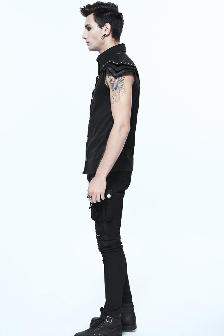 Black Sleeveless Twill One-Shoulder Armor Heat Seal Men's Punk Shirt
