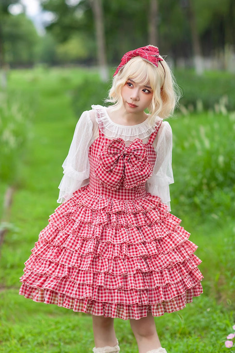 Multi-layer Plaid Print Ruffle Bowknot Sweet Lolita Tiered Dress 3 Colors