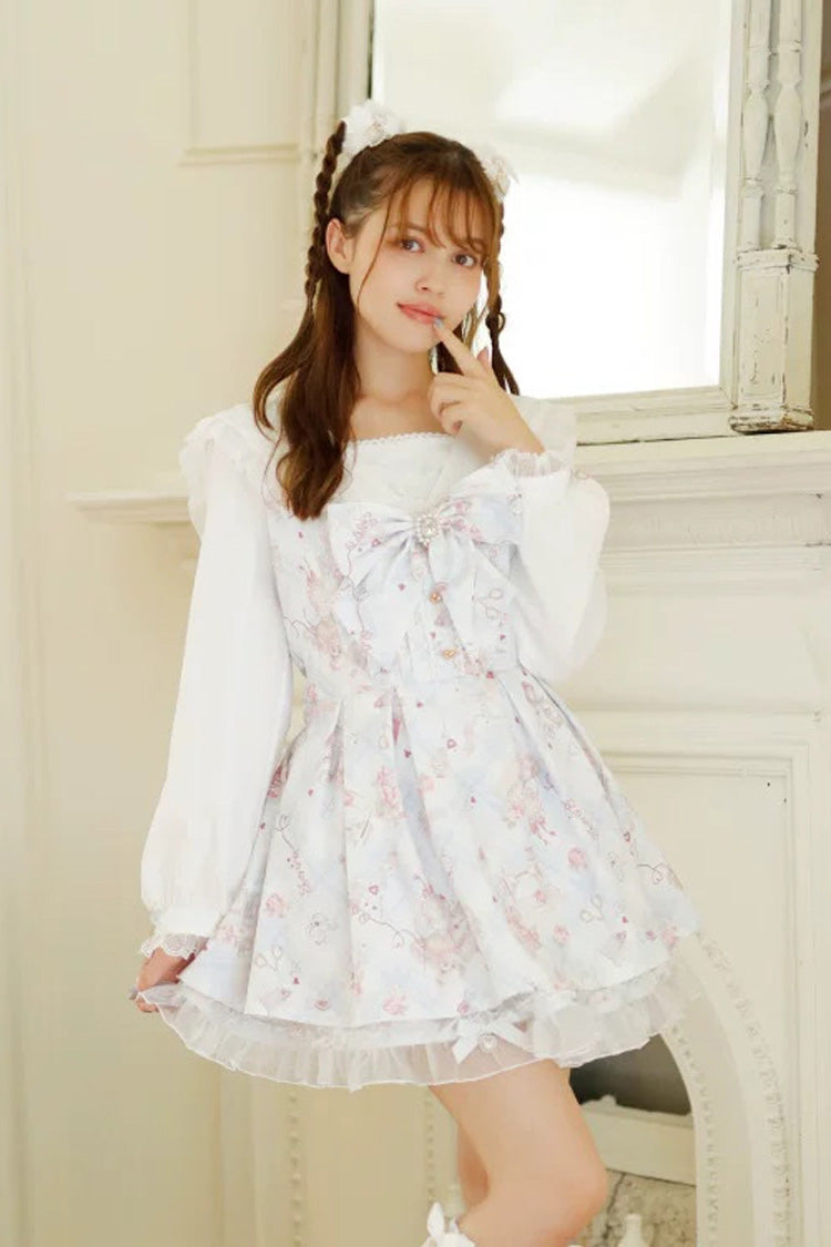 [Sewing Bear] Long Sleeves Print Bowknot Lace Sweet Jirai Kei Plus Size Dress 3 Colors