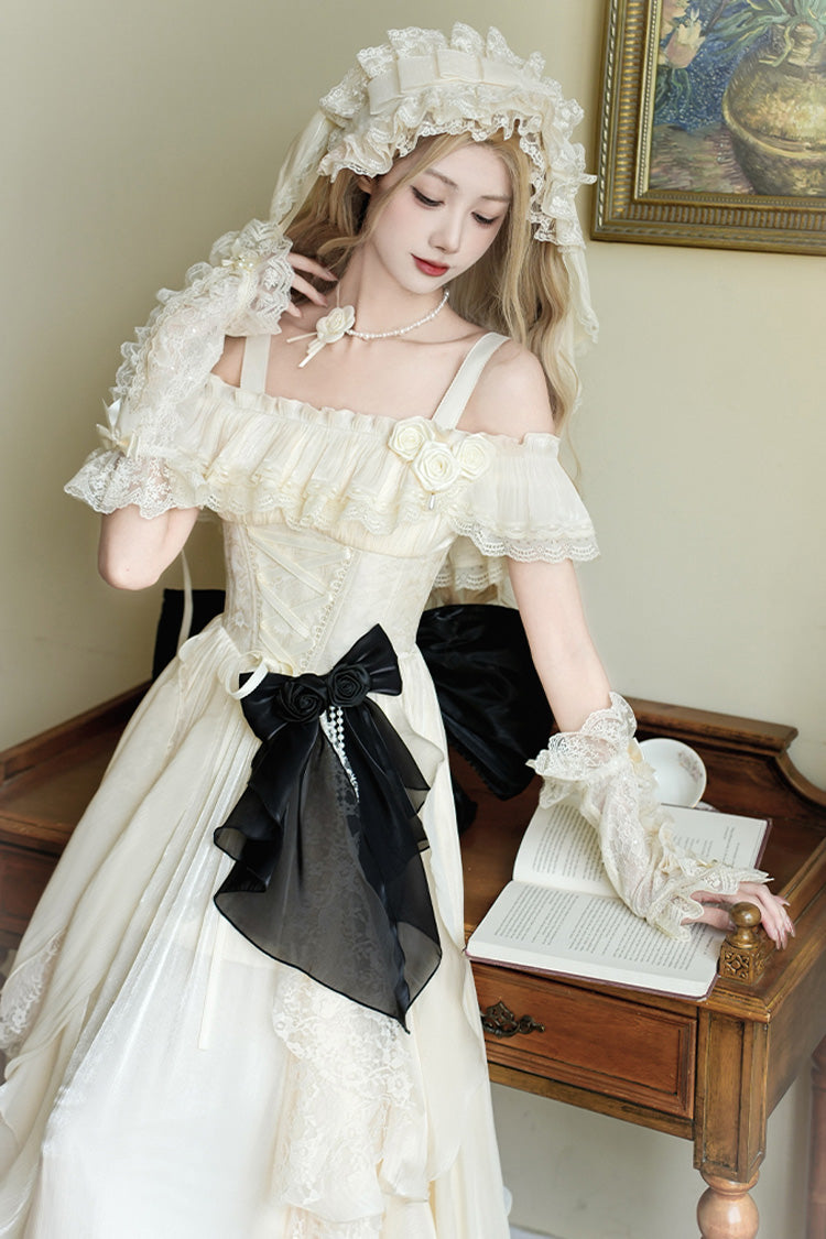 Robe longue sans manches en ivoire [Variations au clair de lune] avec volants et lacets Sweet Lolita Jsk 