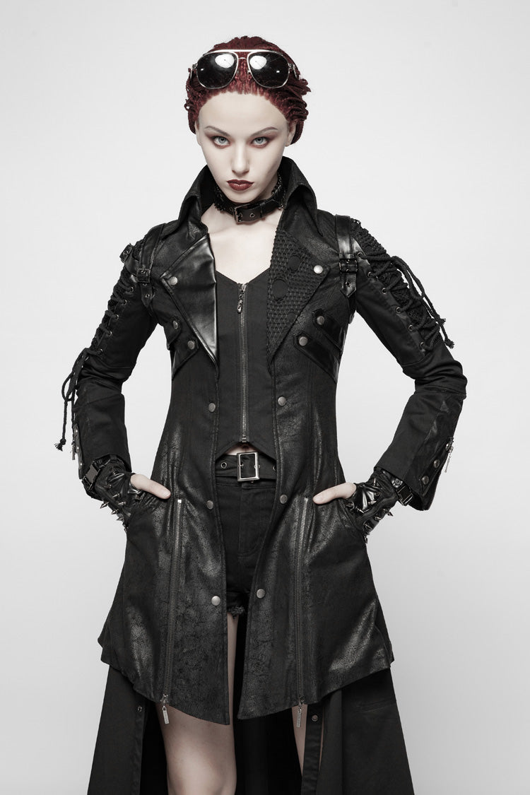 Black Metal Buckle Decoration Zipper Womens Steampunk Windbreaker Coat