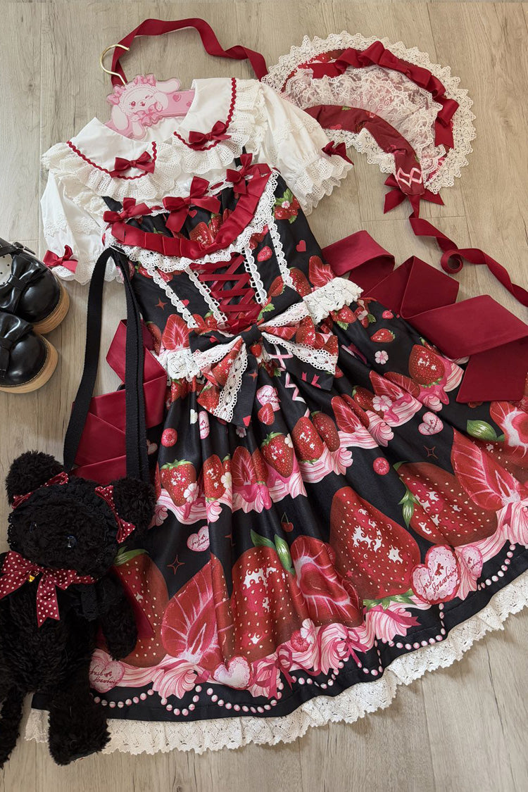 [Süße Beeren Geschichte] Erdbeerprint Rüschen Schleife Spitze Süßes Lolita Jsk Kleid 4 Farben 