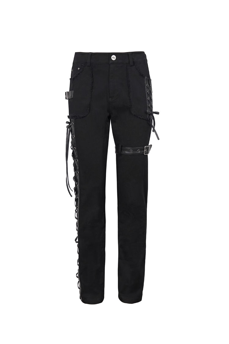 Black Metal Decorative Lace Up Leg Loops Long Men's Punk Pants