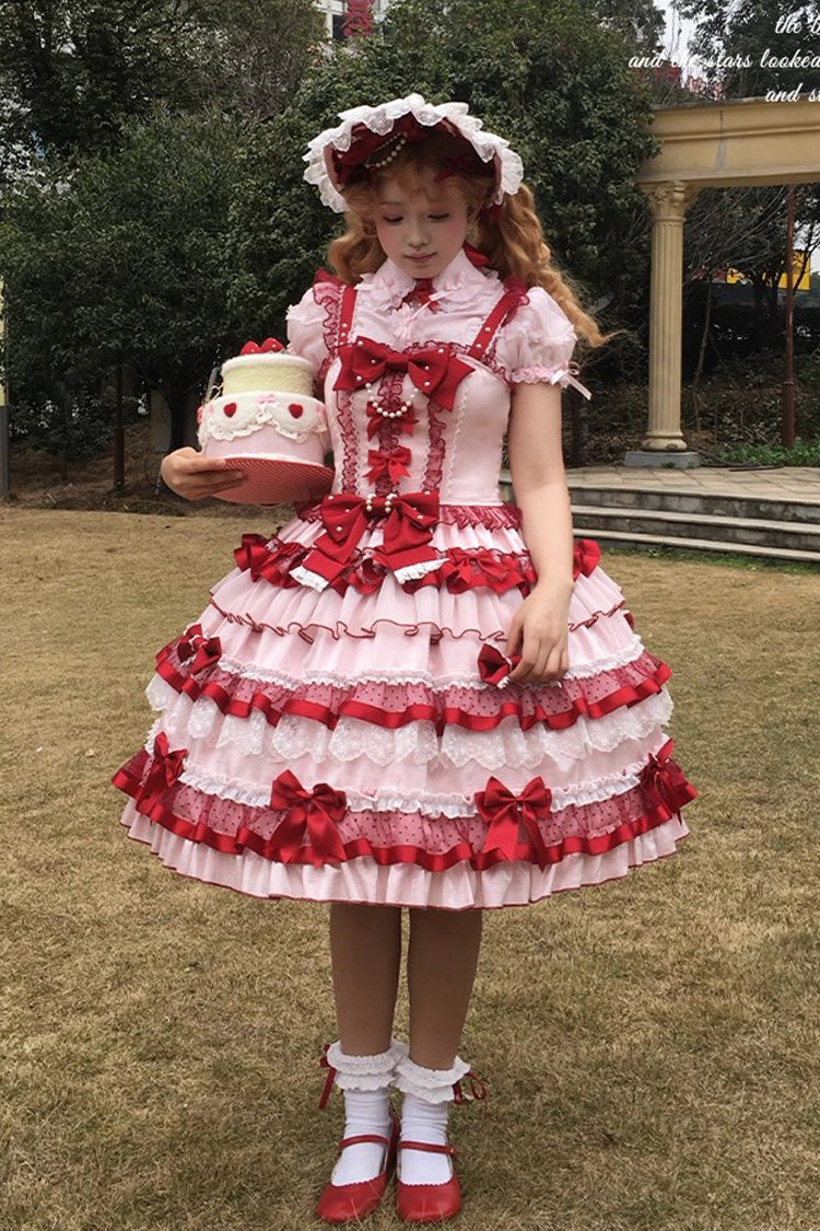 Red [Ribbon Berries] Sleeveless Multi-Layered Ruffle Bowknot Lace Sweet Lolita Jsk Dress