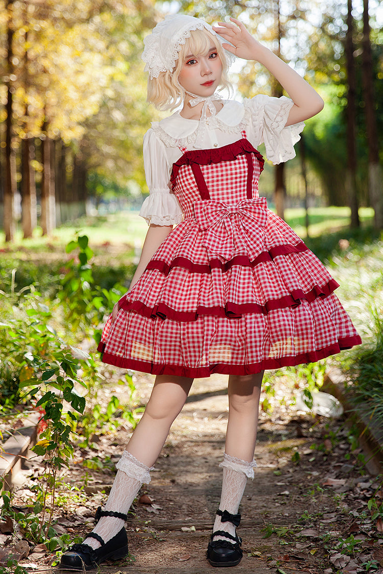 Red [Cloth Cat] Triple-Layered Plaid Print Ruffle Bowknot Sweet Lolita Dress