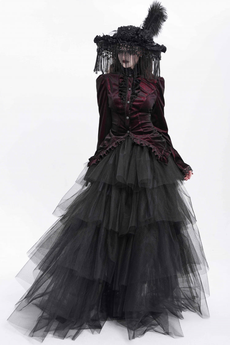 Red Stand Collar Long Trumpet Sleeves Ruffle Swallow-tailed Women's Gothic Blouse
