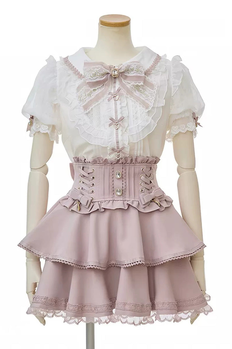 Col à revers japonais manches courtes à volants brodé nœud dentelle grande taille doux Jirai Kei jupe ensemble 3 couleurs