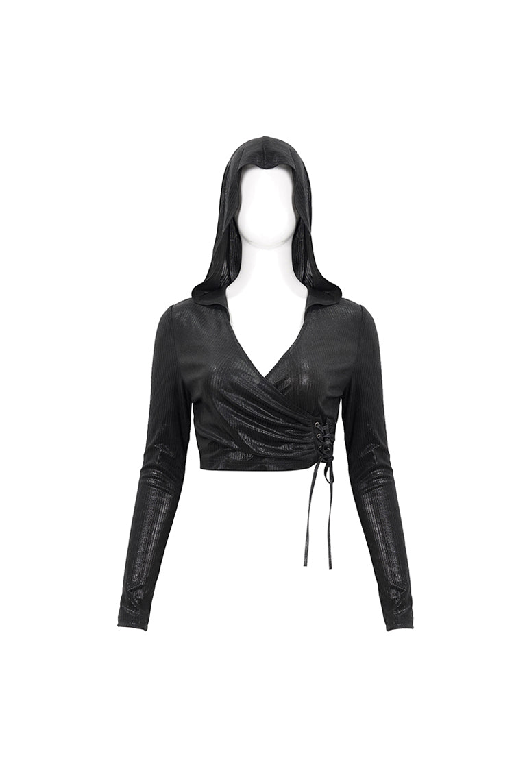 Schwarzes, glänzendes, vertikales Maserungsmuster, gebundenes Seildekor, kurzes Punk-T-Shirt für Damen mit Kapuze
