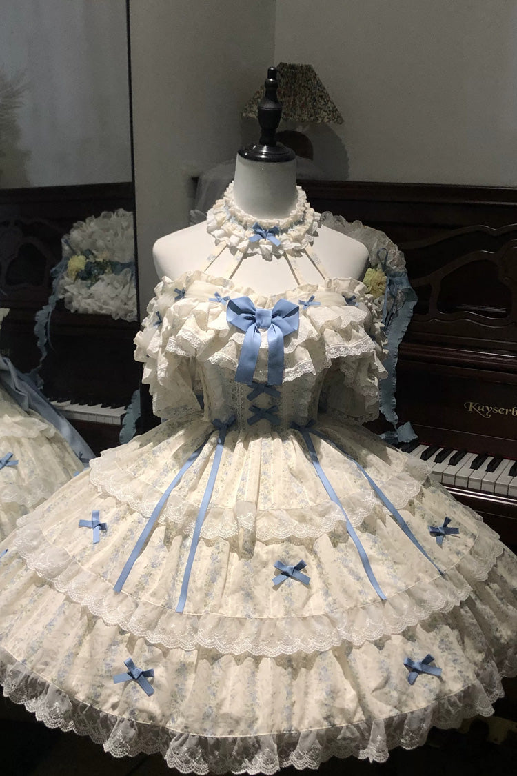 Ensemble de robe Lolita Jsk, bleu/ivoire, col licou, sans manches, triple couche, imprimé floral, nœud à volants, dentelle, doux