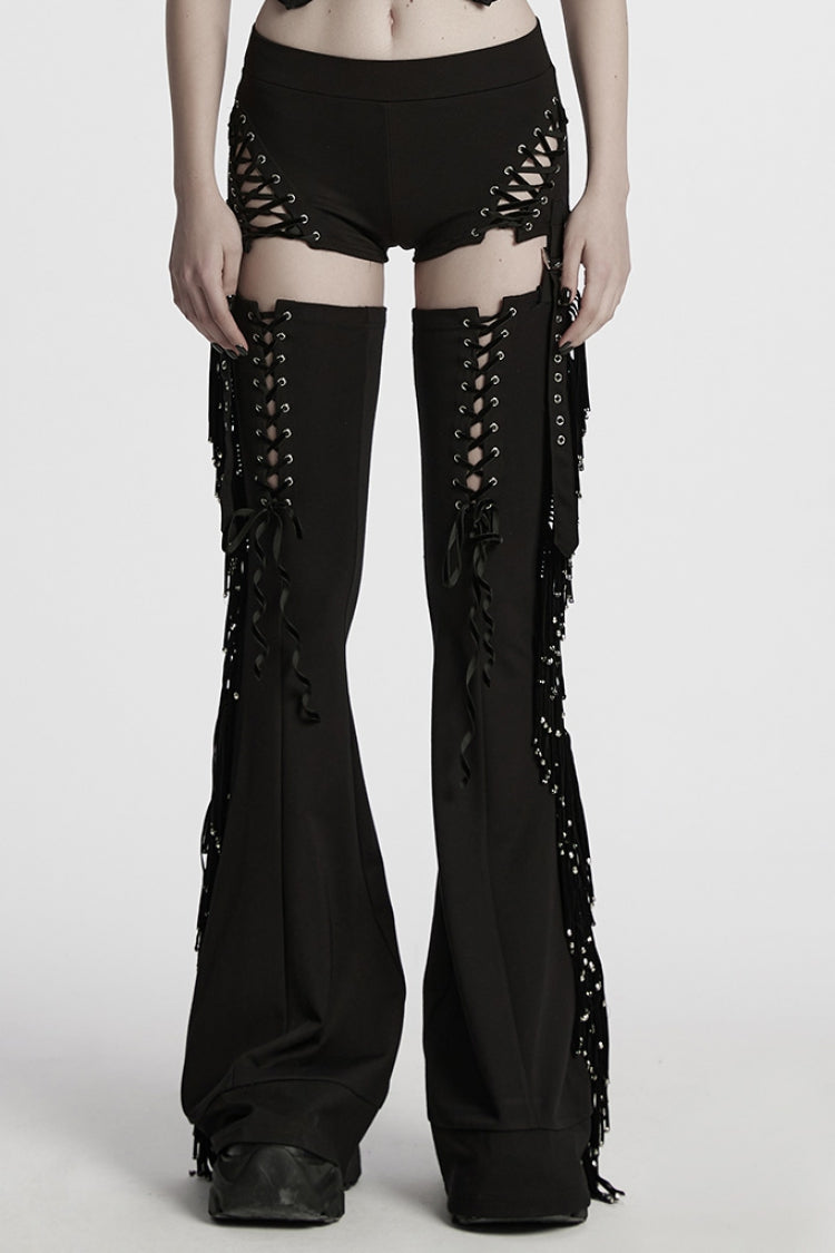Black Tassel Lace-Up Detachable Women's Punk Pants