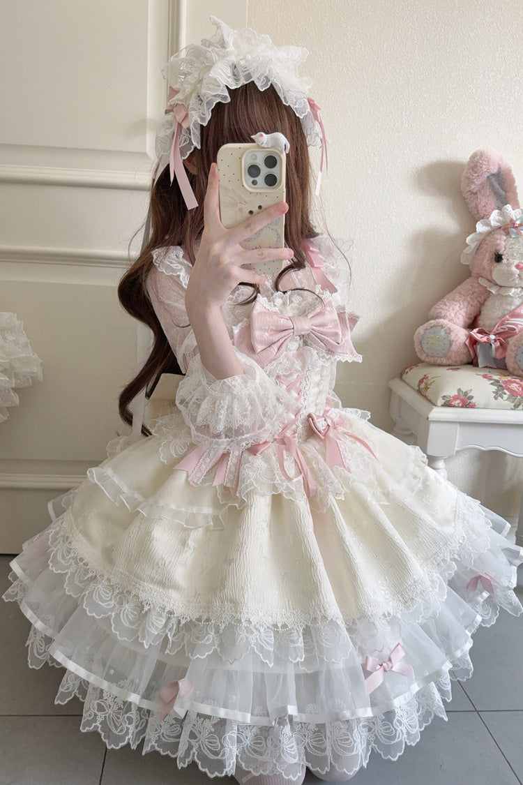 Robe Jsk Lolita Ballet Douce Slim en Dentelle à Nœud à Volants sans Manches Abricot [Île Fleishi] 