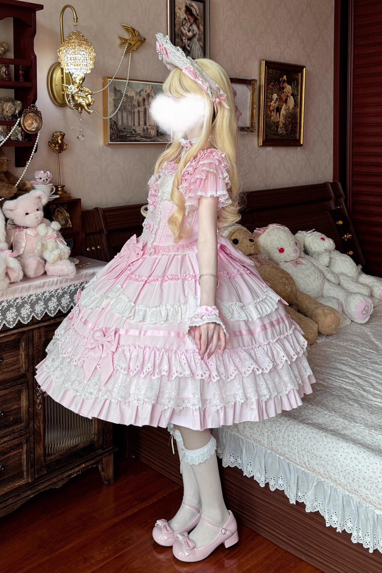 Robe Lolita Jsk élégante et douce en dentelle avec nœud papillon à volants à trois couches sans manches [Super Cute Belia] rose 