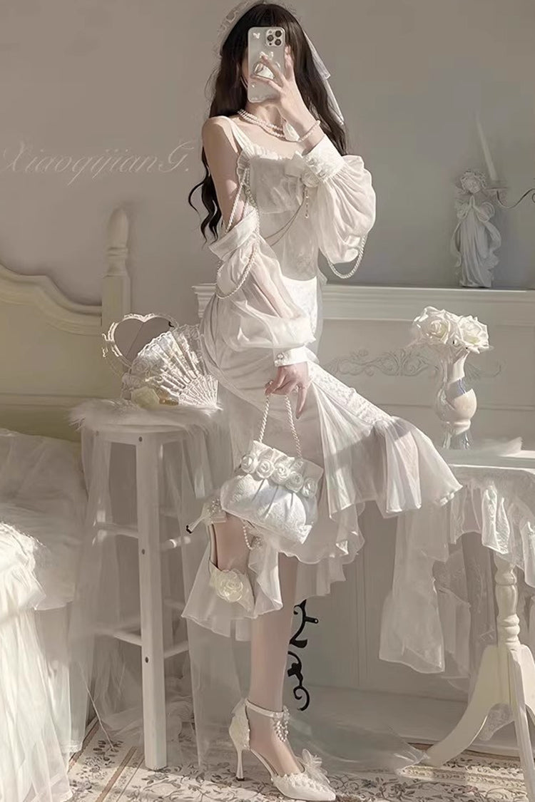 White [Camellia 1.0] Sleeveless Jacquard Ruffle Lace Sweet Chinese Style Lolita Jsk Fishtail Dress