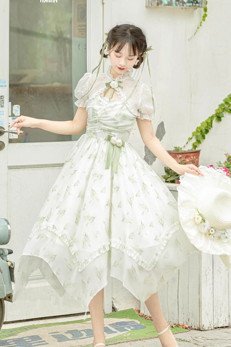 Lily of the Valley Spring Short Sleeves Jacquard Print Bowknot Irregular Sweet Lolita Jsk Dress