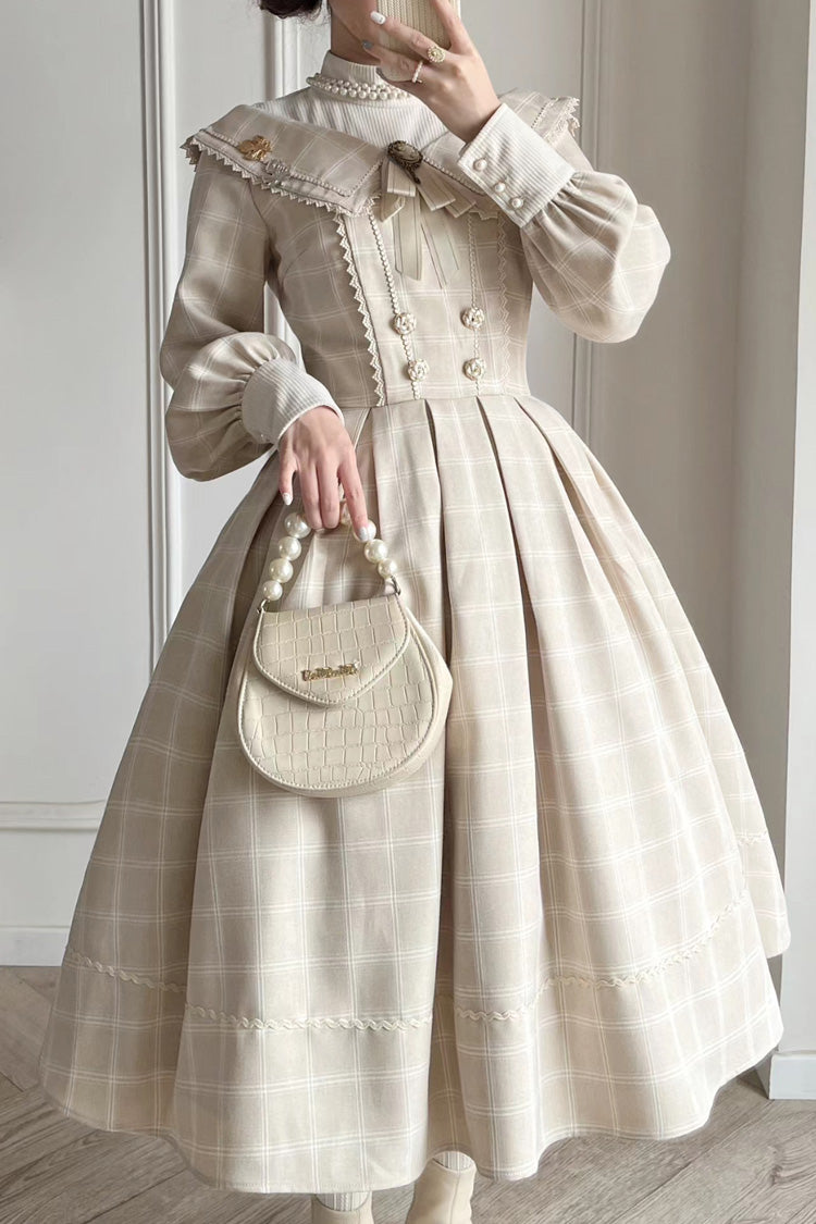 Aprikose [Fontainebleau] Langärmliges, kariertes Schleifenmuster, elegantes, süßes Lolita-Kleid