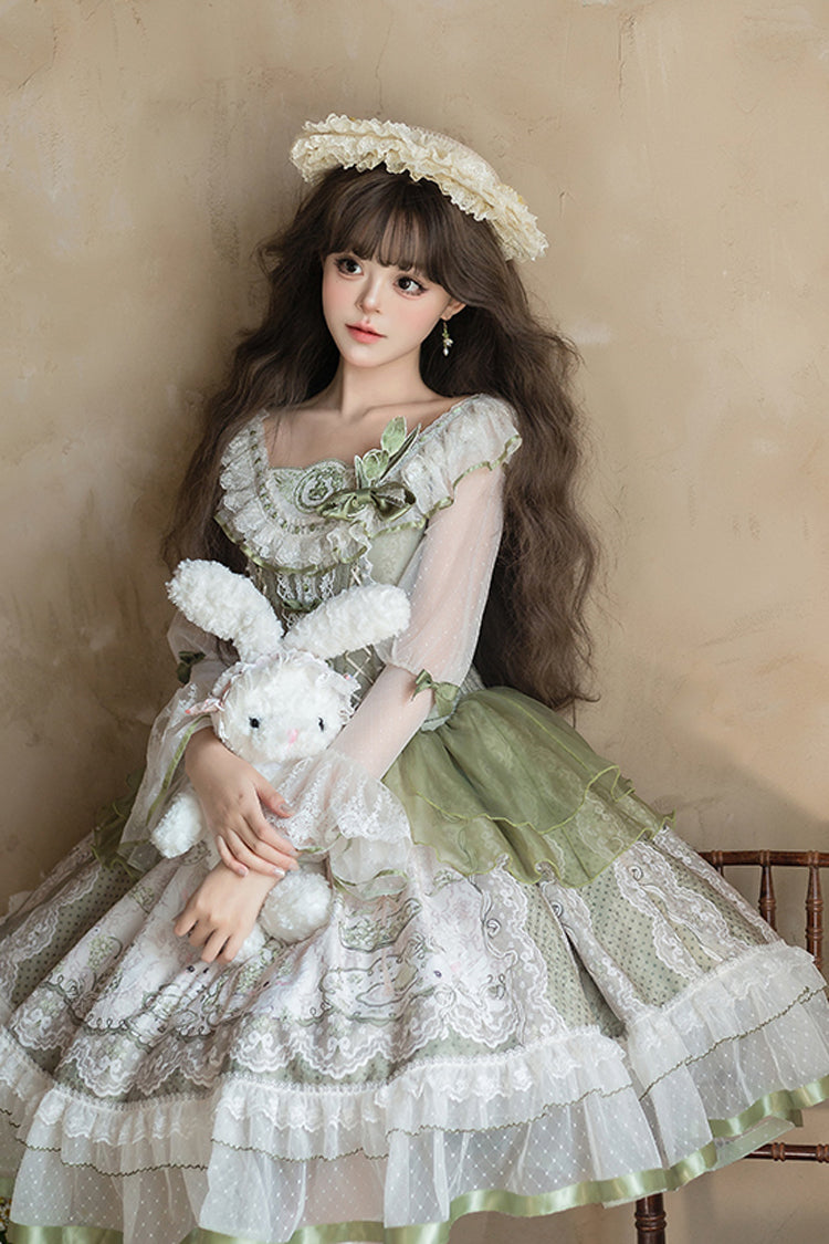 Green [Teacup Rabbit Little Fresh] Print Ruffle Bowknot Lace Lace-Up Sweet Lolita Jsk Dress