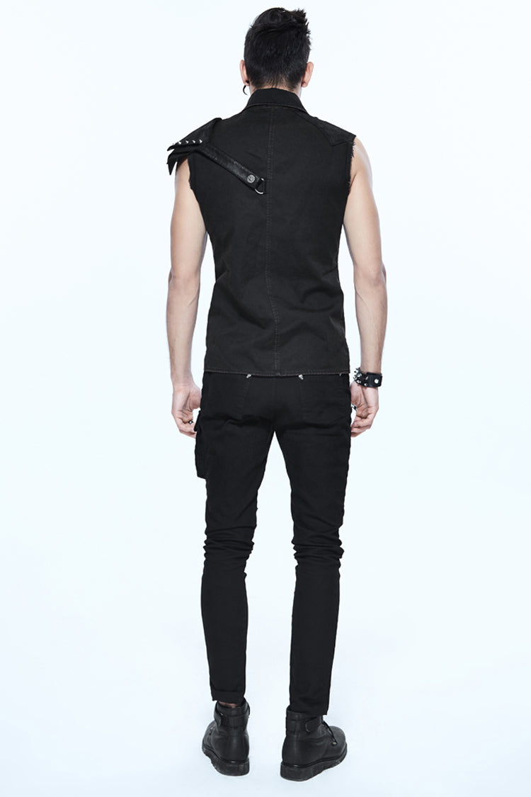 Black Sleeveless Twill One-Shoulder Armor Heat Seal Men's Punk Shirt