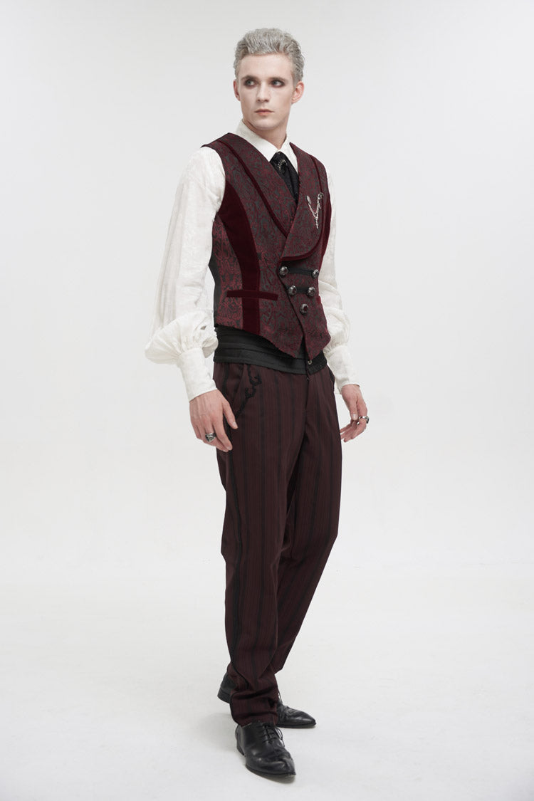 Red Retro Mid High Waist Micro Elastic Striped Woven Stitching Three Dimensional Jacquard Men's Gothic Trousers