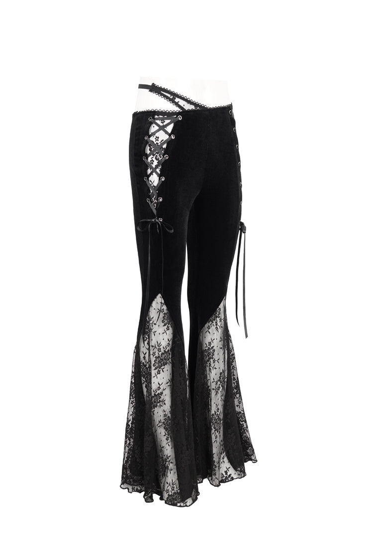 Black Velvet-Paneled Mesh Side-Adjustable Asymmetrical Women's Gothic Leggings