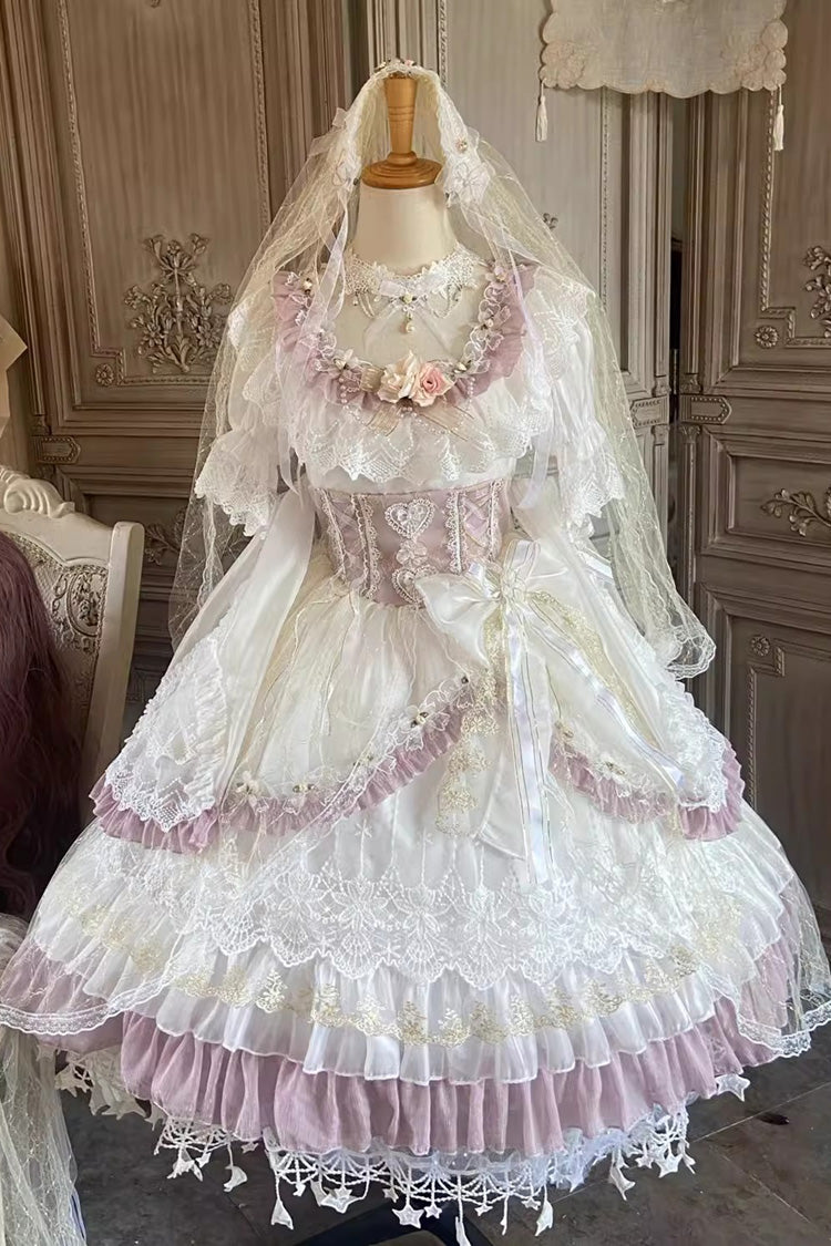 [エリザベスティーパーティー] マルチカラー 半袖 フリル 花嫁 蝶結び ステッチ レース スウィートロリータドレス