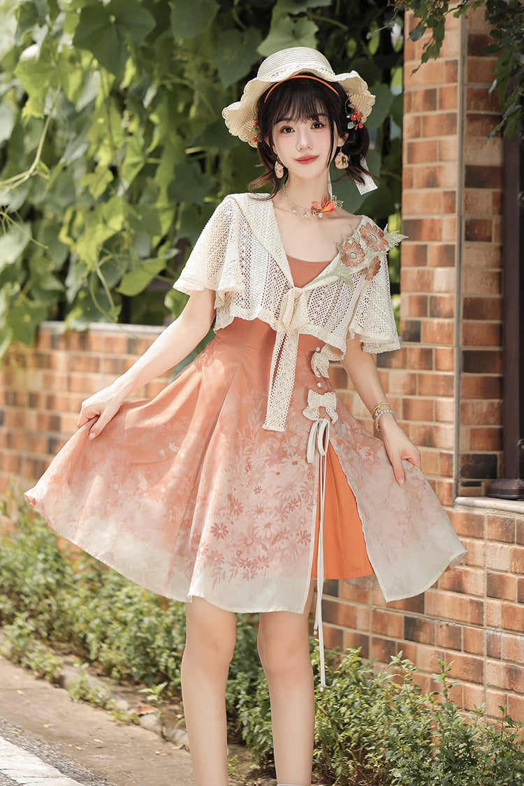 Orangefarbenes, ärmelloses, mit Chrysanthemen bedruckter Schleife und Schnürung, asymmetrisches, süßes, chinesisch inspiriertes Lolita JSK-Kleiderset in Orange