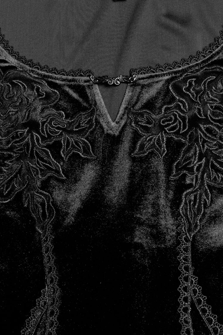 Black Long Sleeves Floral Embroidery Stitching Lace Women's Gothic Gown Dress
